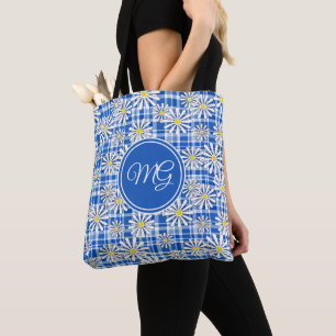 Weiße KamillenBlume auf blauem Schachbrett Tasche