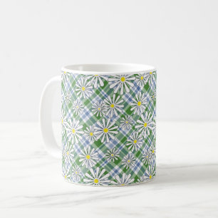 Weiße Kamillenblüten auf grün-blau kariert  Kaffeetasse