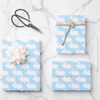 Weiße Kaninchen auf pastellblauem Gingham-Muster Geschenkpapier Set