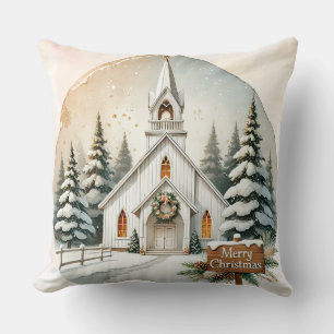 Weiße Kapelle auf dem Land Nachtweihnachtszene Kissen