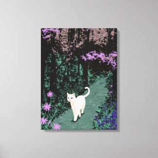 Weiße Katze auf einem alten Waldweg Leinwanddruck
