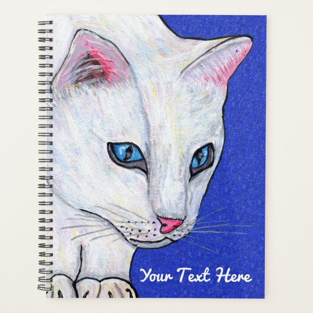 Weiße Katze Blassblaue Augen auf Sparkle wie dunke Planer (Vorderseite)