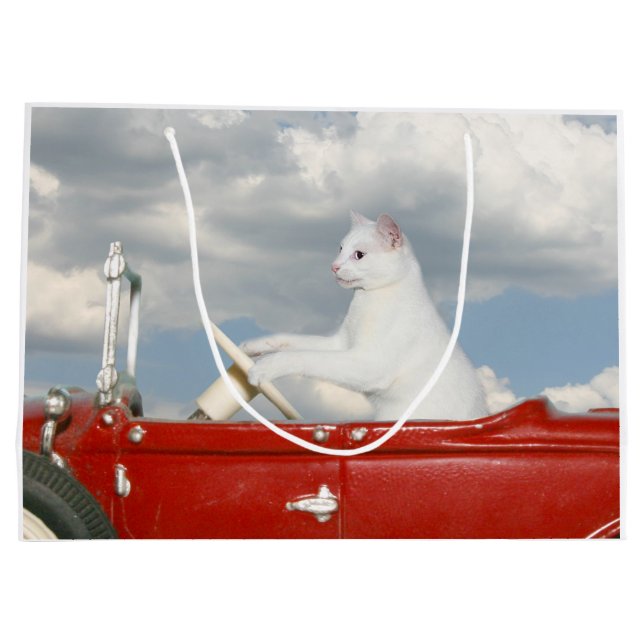 Weiße Katze fährt ein Auto Große Geschenktüte (Rückseite)
