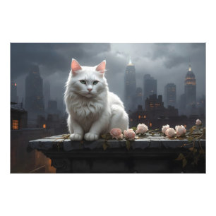 weiße Katze hoch auf dem Dach Fotodruck