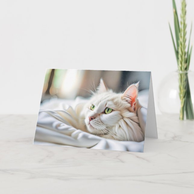 Weiße Katze im Bett denken Sie Karte (Vorderseite)