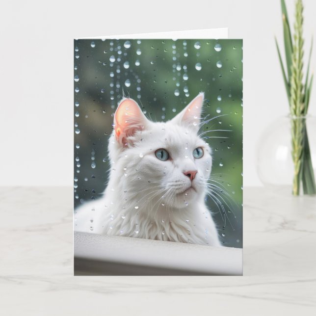 Weiße Katze im Regenfenster Karte (Vorderseite)