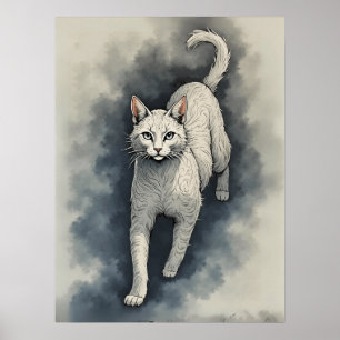 Weiße Katze im Stil einer chinesischen Tuschezeich Poster