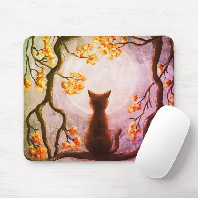 Weiße Katze im Tree Vollmond Mousepad (Mit Mouse)