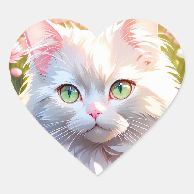Weiße Katze in Blume AI Art Herz-Aufkleber (Vorderseite)