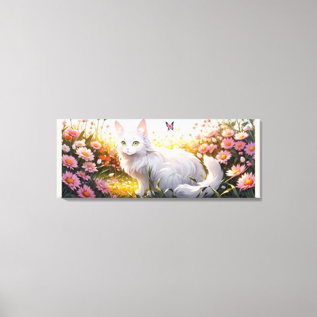 Weiße Katze in Blume Ai Art Leinwanddruck (Vorderseite)