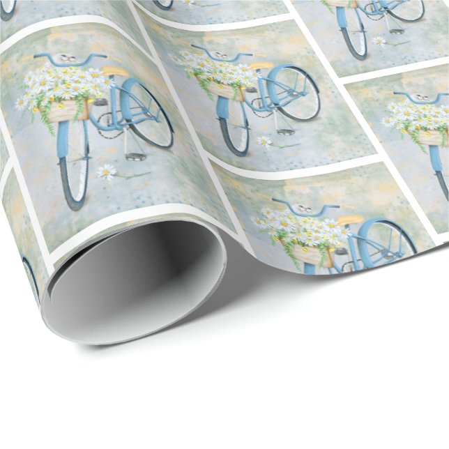Weiße Katze in Blume auf dem Fahrrad Geschenkpapier (Rolleneckpunkt)