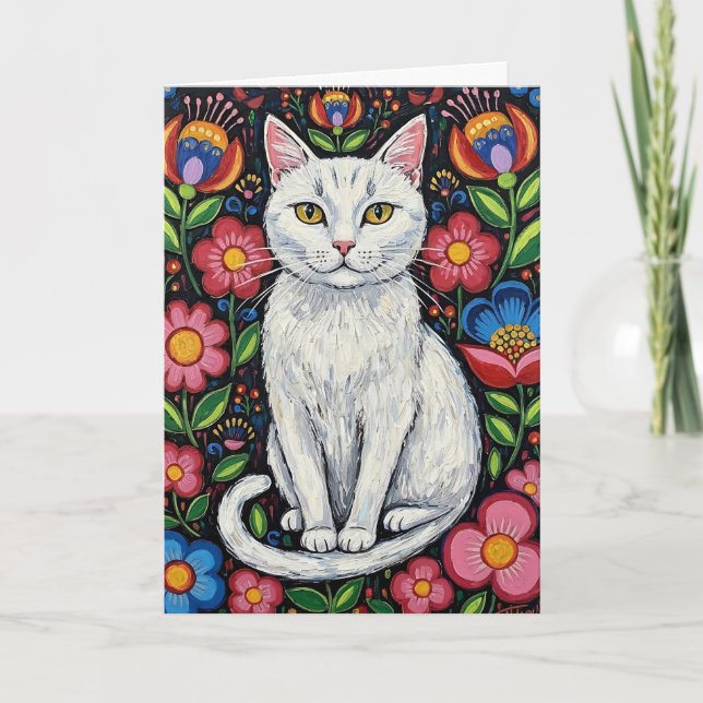 Weiße Katze in Blume des farbenfrohen Volkes Karte (Vorderseite)
