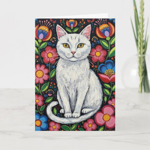 Weiße Katze in Blume des farbenfrohen Volkes Karte