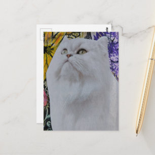 Weiße Katze in Blumen Mixed Media Collage Postkarte