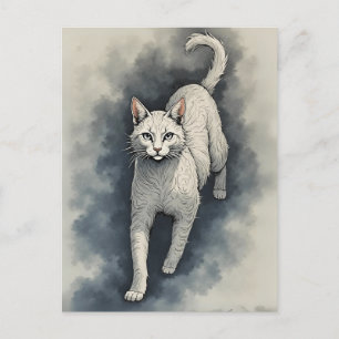 Weiße Katze in chinesischer Farbe Zeichnend Stil Postkarte