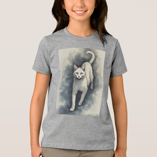 Weiße Katze in chinesischer Farbe Zeichnend Stil Tri-Blend Shirt (Vorderseite)