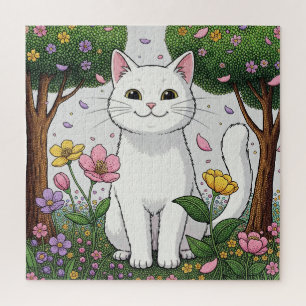 Weiße Katze in einem farbenfrohen Garten