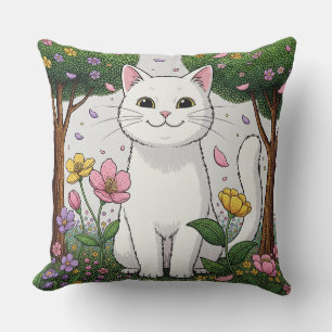 Weiße Katze in einem farbenfrohen Garten Kissen