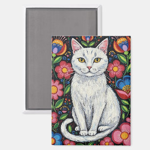 Weiße Katze in farbenfrohen volkstümlichen Blumen Magnet