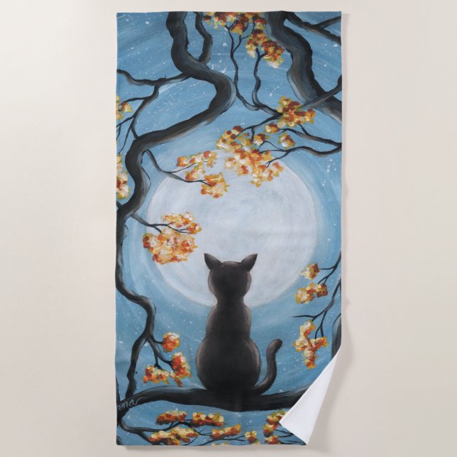 Weiße Katze in Tree Vollmondmalerei Strandtuch (Vorderseite)