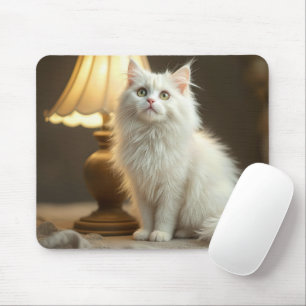 Weiße Katze in wärmer Lampe sitzend Mousepad