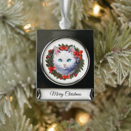 Weiße Katze in Weihnachtskraut Aquarellmalerei, Banner-Ornament Silber