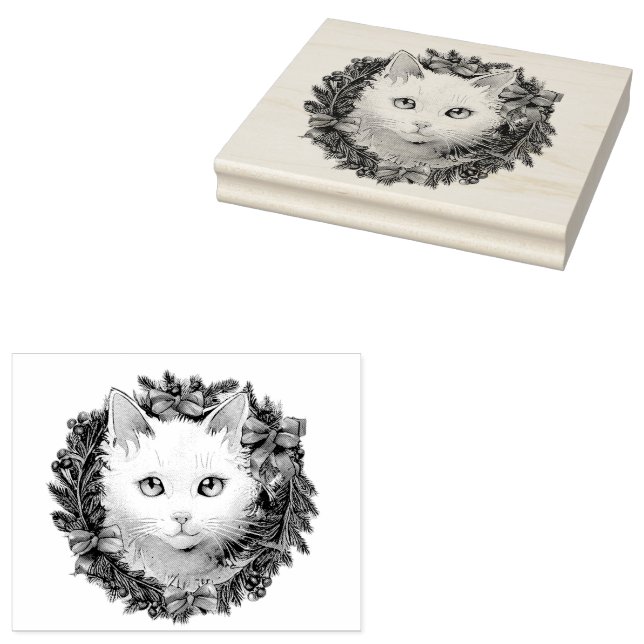 Weiße Katze in Weihnachtskraut Aquarellmalerei, Gummistempel (Stempel)