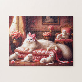 Weiße Katze & Kätzchen Rosa Rose Vornehme Feline F