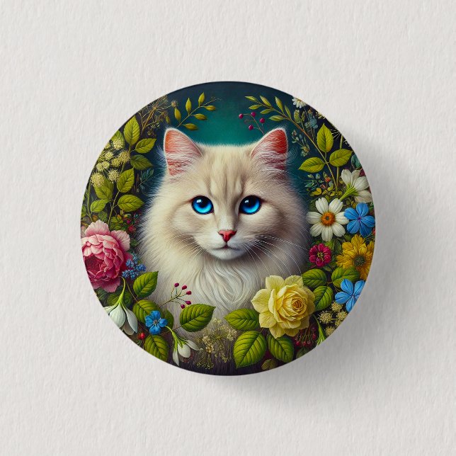 Weiße Katze mit blauen Augen Button (Vorderseite)