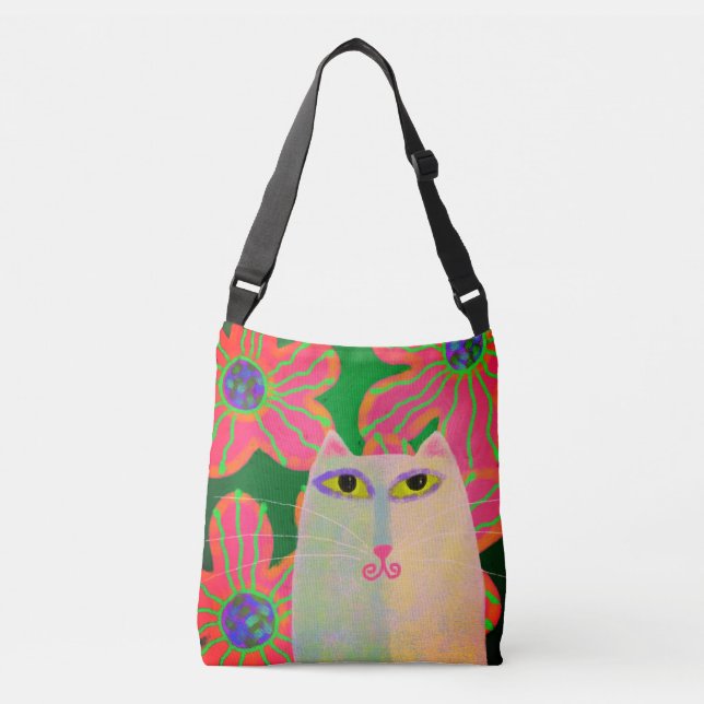 Weiße Katze mit Blume Abstrakt Art Tragetaschen Mit Langen Trägern (Vorderseite)