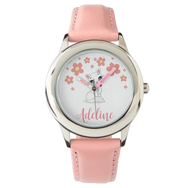 Weiße Katze mit Blume Individuelle Name Armbanduhr (Vorderseite)