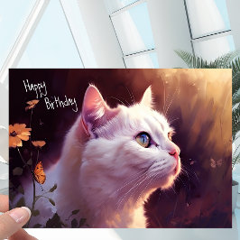 Weiße Katze mit Blume + Schmetterling Geburtstag Karte