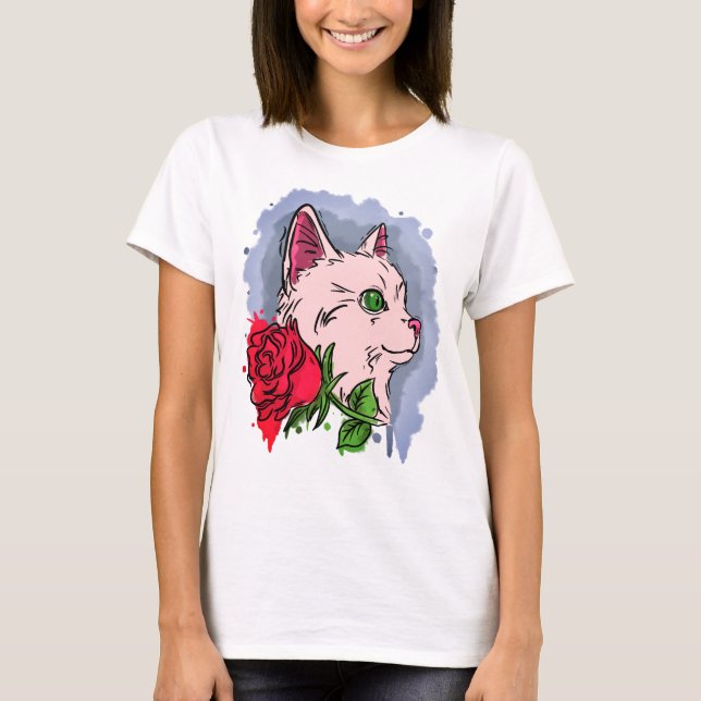 Weiße Katze mit Blume T-Shirt (Vorderseite)