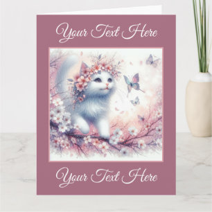 Weiße Katze mit Blumen und Schmetterlingen Karte