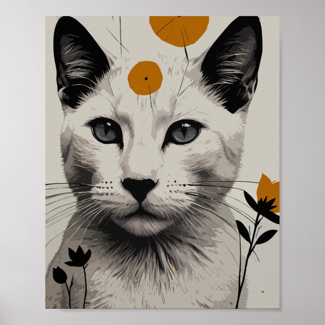 Weiße Katze mit Blumenelementen Poster (Vorne)
