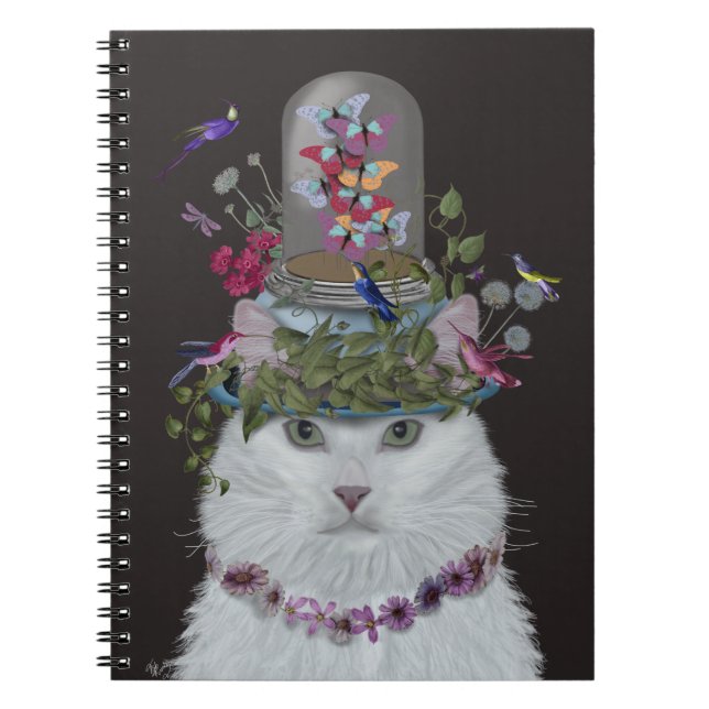 Weiße Katze mit Butterfly Bell Jar Notizblock (Vorderseite)