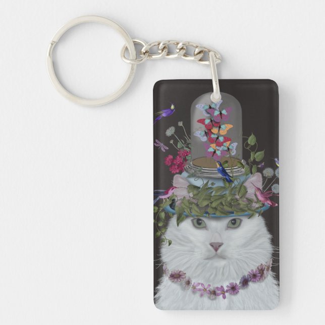 Weiße Katze mit Butterfly Bell Jar Schlüsselanhänger (Vorderseite)