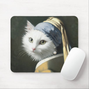 Weiße Katze mit einer Perlenohrring Mousepad