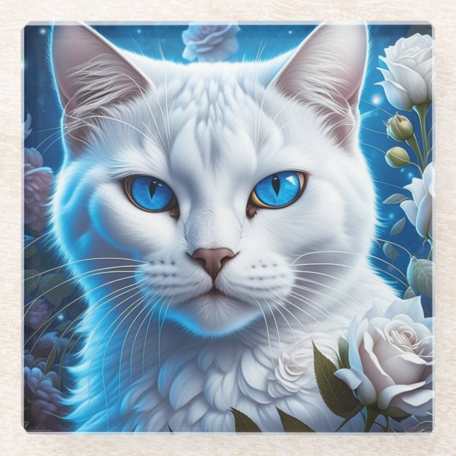Weiße Katze mit hellblauen Augen, Bläschen Glasuntersetzer (Vorderseite)