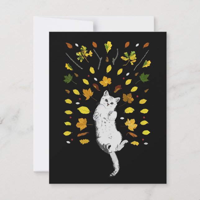 Weiße Katze mit Herbstlaub (Vorderseite)