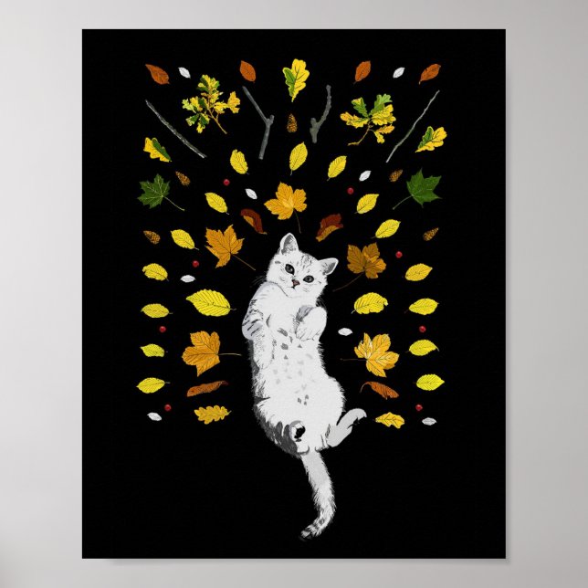 Weiße Katze mit Herbstlaub Poster (Vorne)
