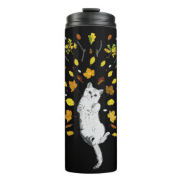 Weiße Katze mit Herbstlaub Thermosbecher