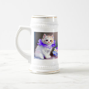 Weiße Katze mit Lila Blume Collar Painting Bierglas