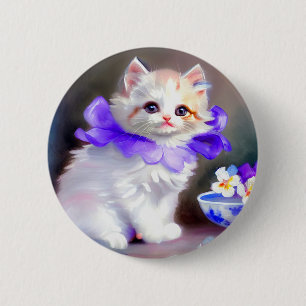 Weiße Katze mit Lila Blume Collar Painting Button