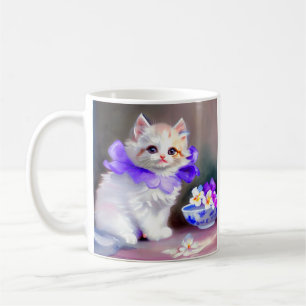 Weiße Katze mit Lila Blume Collar Painting Kaffeetasse