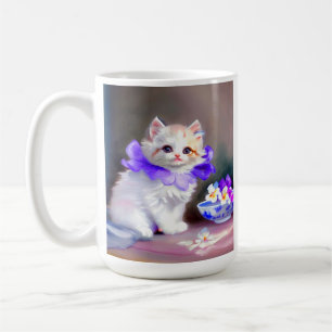 Weiße Katze mit Lila Blume Collar Painting Kaffeetasse
