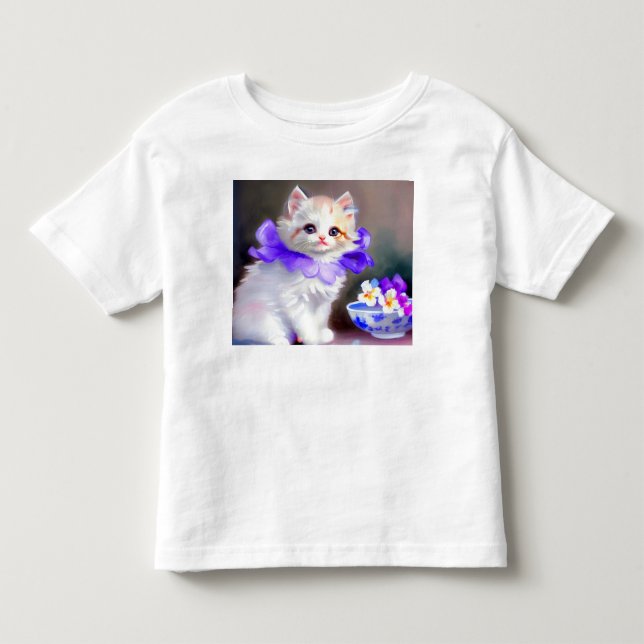 Weiße Katze mit Lila Blume Collar Painting Kleinkind T-shirt (Vorderseite)