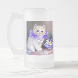 Weiße Katze mit Lila Blume Collar Painting Mattglas Bierglas
