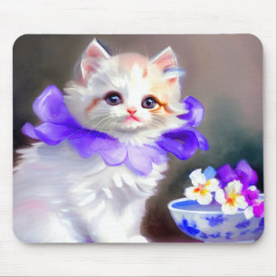 Weiße Katze mit Lila Blume Collar Painting Mousepad
