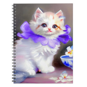 Weiße Katze mit Lila Blume Collar Painting Notizblock
